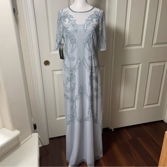 NWT Adrianna Papell Boutique Glacier Pale Blue Beaded Illusion Cocktail Gown 12 - Picture 2 of 16